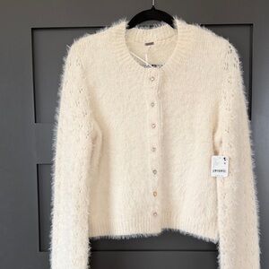 Free People Cozy Cream Fuzzy Button-heart Front Sweater Cardigan size L